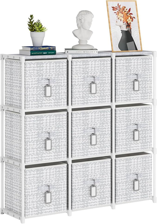 9 Cube Storage Organizer with Printed Drawers, Toy Cubby Storage for Closet, Living Room, Dorm - White