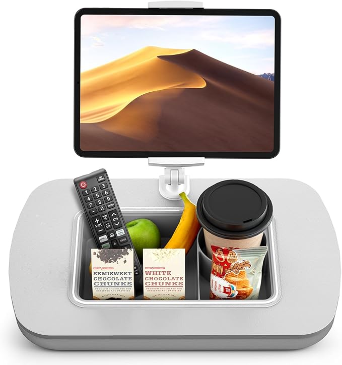 Tablet Stand Pillow with Snack Bowl, iPad Lap Holder for Hands-Free Reading and Relaxation on Bed,Couch,Recliner, 360° Rotating Clip for 4.7-13" Kindle,eBook,Tablet,iPhone (Light Gray)