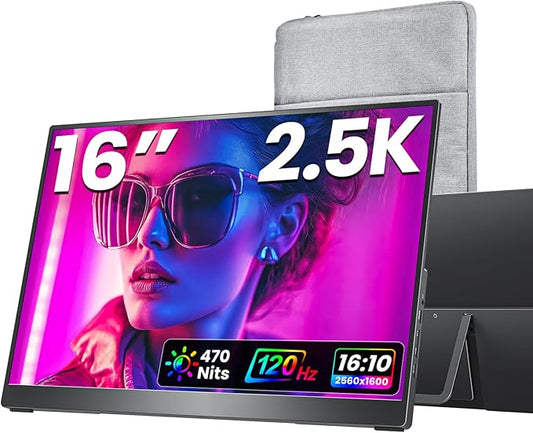 Portable Monitor 16 inch 2.5K QHD 100% sRGB 120Hz, Travel Monitor for Laptop MacBook Surface PC Xbox PS5, HDMI Dual USB-C VESA Compatible Built-in Speaker, with Kickstand
