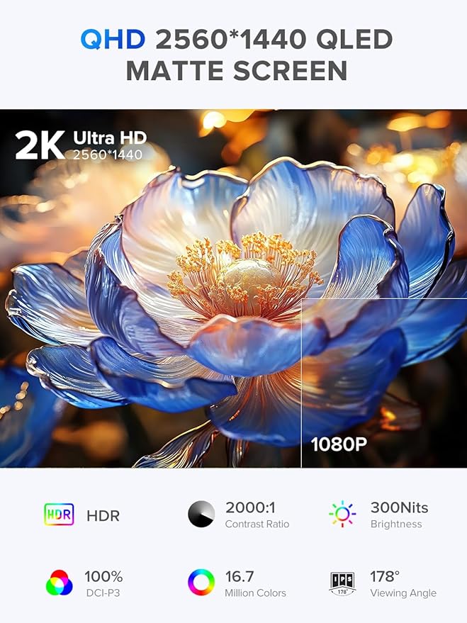 UPERFECT 22" QLED 2K Portable Monitor w/VESA & 180° Adjustable Stand, 2560×1440 QHD FreeSync HDR Gaming Display, USB-C HDMI Travel Second Monitor for Laptop, Switch, Phone