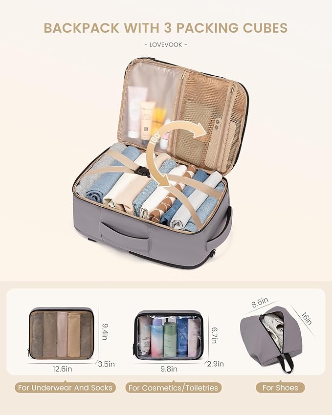 LOVEVOOK Travel Backpack for Women & Men, 40L Large Carry On Backpack Airline Approved, TSA Personal Item Weekender Bag, Water Resistant Laptop Backpack with 3 Packing Cubes for Travel Essentials