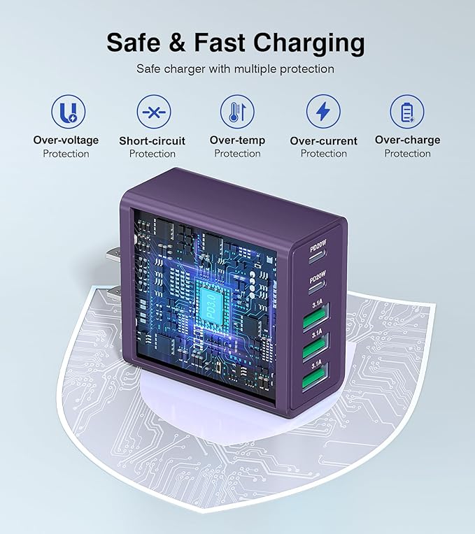 [2-Pack] USB C Wall Charger, 50W Charger Block 5-Port PD Fast Charging Blocks,Multiport 2USB C+3USB A Plug,Type C Power Adapter Brick Cube for iPhone 17/16/15/14/13/Pro,Samsung,for Switch（Purple）