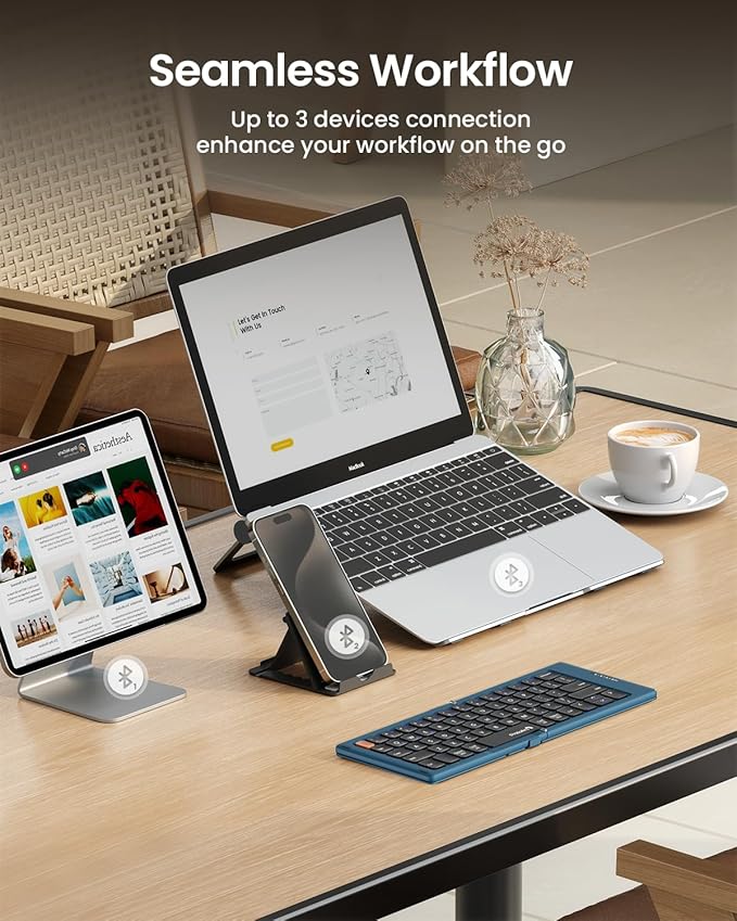 ProtoArc Foldable Compact Keyboard, XK04 Portable Bluetooth Keyboard with PU Leather Cover, Pocket-Sized Wireless Travel Keyboards for iPad, iPhone, Smartphone, Tablet and Laptop - Blue