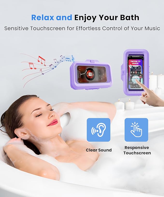 URROY Shower Phone Holder Waterproof One-Touch Open Shower Phone Case Anti-Fog & Sensitive Touchscreen Bathroom Wall Phone Mount Stand Universal Fit for iPhone & Smartphones Gift for Men Women Violet