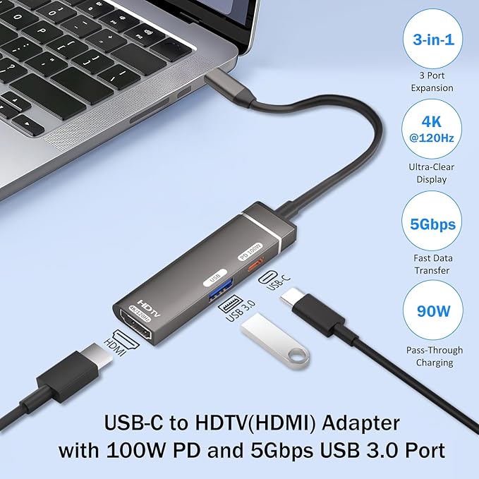 USB C Hub Multiport Adapter, 4K@120Hz HDMI, 100W PD, USB 3.0 5Gbps Data Port, Aluminum Shell, for iPhone 17/16/15, Samsung Galaxy, MacBook Pro/Air, iPad, Dell, Surface, XPS, Switch, Laptops