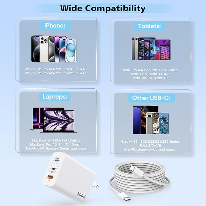 100W USB C Charger, 2Pack 140W USB C to C Woven Cable 6FT Braided Cord 100W Type C MacBook Pro Charger Block 6Foot Super Fast Phone Charging 3 Port PD & AC Charge for MacBook Pro/iPhone 16/15/iPad Pro