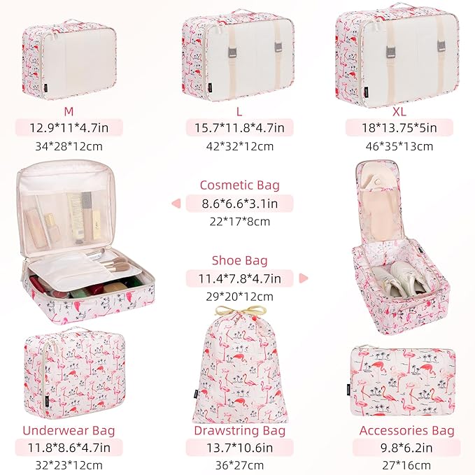 BAGAIL 8 Set Packing Cubes Luggage Packing Organizer Bags for Travel Accessories-Pink Flamingo