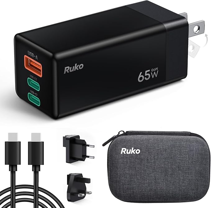 Ruko 65W USB C Charger, 3 Port International Travel Charger Kit, GaN Fast Charging Block with Portable Bag, UK EU Plug for iPhone 17/16, Galaxy S24, MacBook, iPad, Drones and More