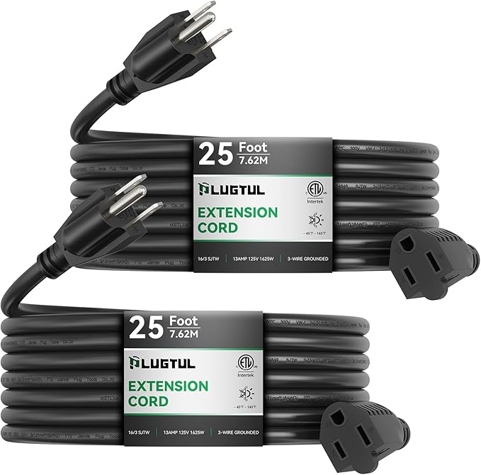 PLUGTUL 2-Pack 25 FT Outdoor Extension Cord, Waterproof, Heavy Duty 3 Prong Black, 13A 1625W SJTW, ETL Listed, Great for Garden and Home