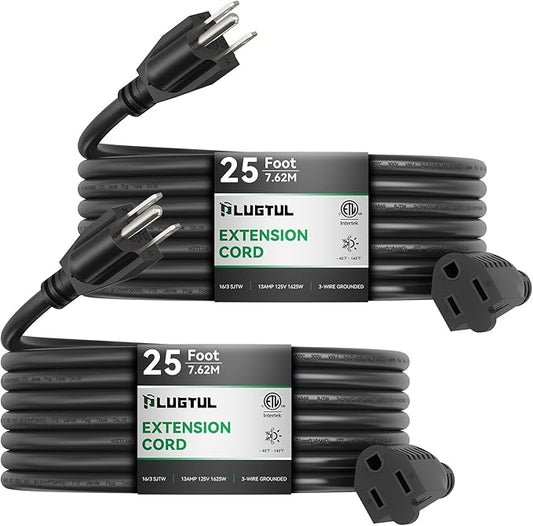 PLUGTUL 2-Pack 25 FT Outdoor Extension Cord, Waterproof, Heavy Duty 3 Prong Black, 13A 1625W SJTW, ETL Listed, Great for Garden and Home