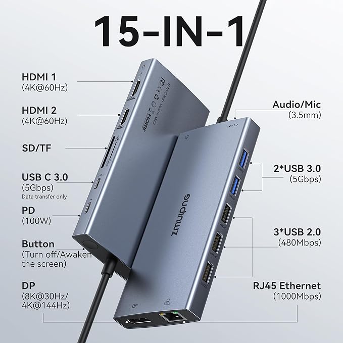 ZMUIPNG USB C Laptop Docking Station with 2 HDMI 4K@60Hz+DP 8K@30Hz 15 in 1 USB C Hub Triple Display Multiple Adapter Dongle with USB A Port+Button+PD+Ethernet+SD/TF+Audio for Dell HP Thinkpad Surface