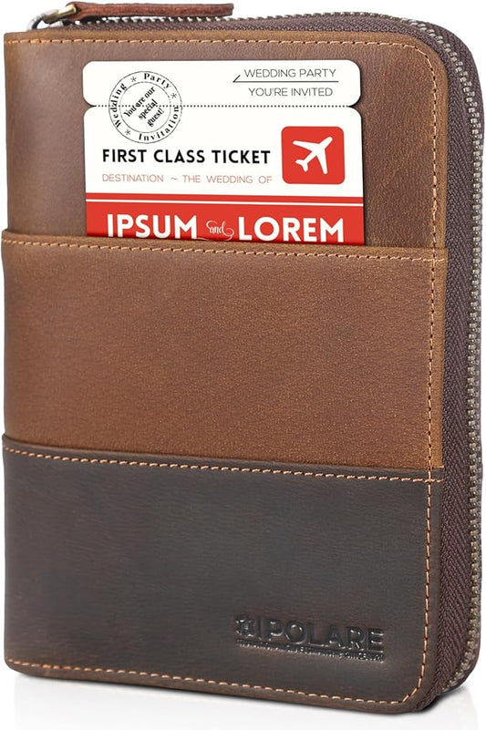 Polare Full Grain Leather Travel Passport Wallet with YKK Zipper and RFID Blocking Document Organizer Holder 2 Passports (Cocoa Brown)
