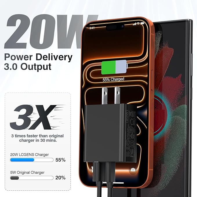 20W USB C Wall Charger for iPhone 17/16/15/14/13/13 Mini/13 Pro Max/12/12 Pro/12 Pro Max Cube, 2 Pack Dual Port Fast Charging Brick Block Plug Box Base Adapter for iPad, iPod, Watch Series 8 7, Black