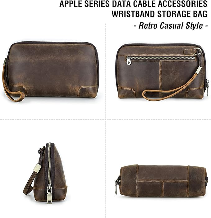 Electronic Organizer Zipper Bag Tech Pouch, Top Grain Leather Handmade, Portable Compact Travel Storage Cases Fits Apple Accessories, Phone, USB Cables, Power Banks, Chargers, Hard Drive