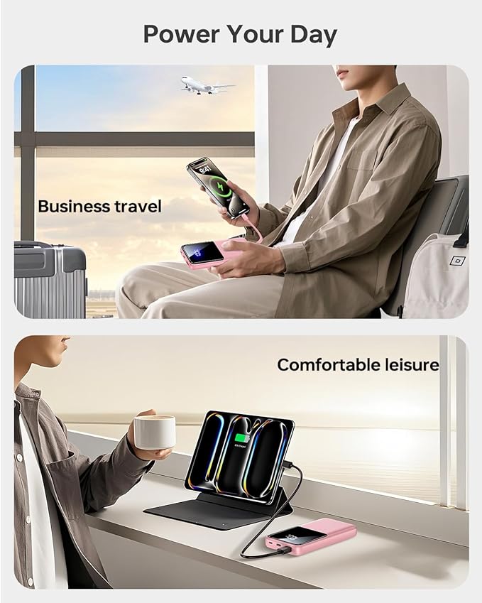 Portable Charger Power Bank - 20000mAh Fast Charging Portable Battery Pack with Built in USB-C(22.5W) and iOS(20W) Output Cables (1 Pack, Pink)