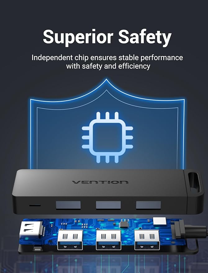 VENTION USB 3.0 Hub for Laptop- Multi USB Port Splitter, Ultra-Slim USB Extender Adapter, 4 Ports Fast Data Transfer for Laptop, MacBook, Printer, PS4, PC, Flash Drive, HDD, Wireless Mouse/Keyboard