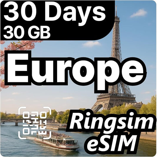 [eSIM] Europe eSIM | 30DAYS 30GB | UK, France, Italy, Spain, Germany | 5G, 4G/LTE, Tethering, Hotspot | eSIM with Instant Activation in 10 Minutes | Travel eSIM by Ringsim