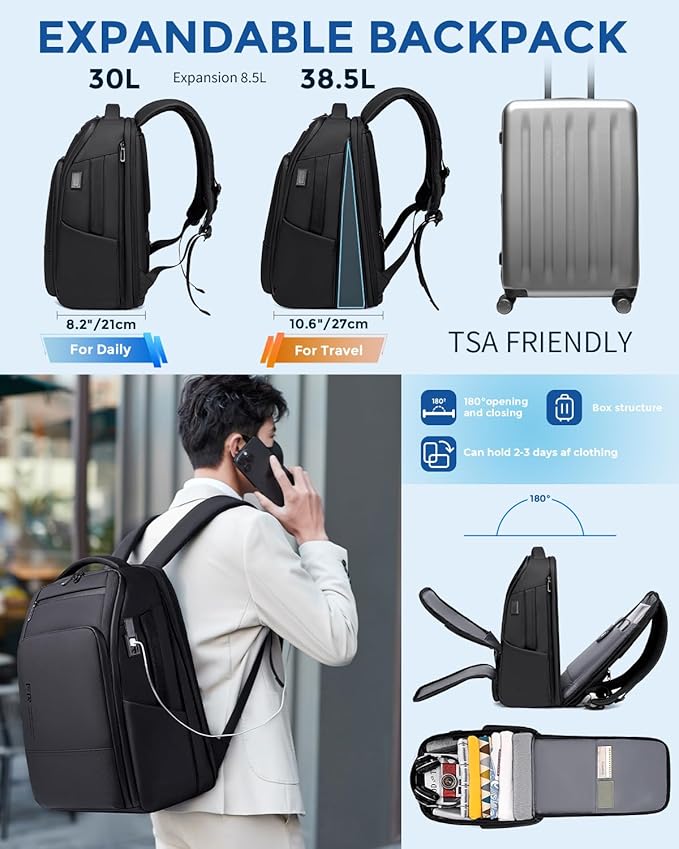 17 Inch Travel Laptop Backpack, Water Resistant Expandable Men's Computer Backpack for Men, Black Laptop Bag with USB Port for Business/Work/College