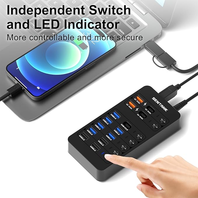 Powered USB Hub,14 Ports USB Data Hub Splitter with 6 USB 3.0 Port,4 Charging Port,1 USB-C 3.0 Data Port,1 PD 60W Charging Port w LED Individual On/Off Switches for MacBook,Mac Pro,Laptop/PC