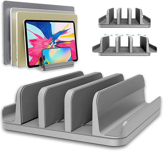 Vertical Laptop Stand Holder 5 Slots, Aluminum Space-Saving Laptop Holder, Adjustable Size Dock Tabletop Desk Organizer 3 Slot + 2 for Apple MacBook/Surface/PC/Tablet/iPad/iPhone (Space Gray)
