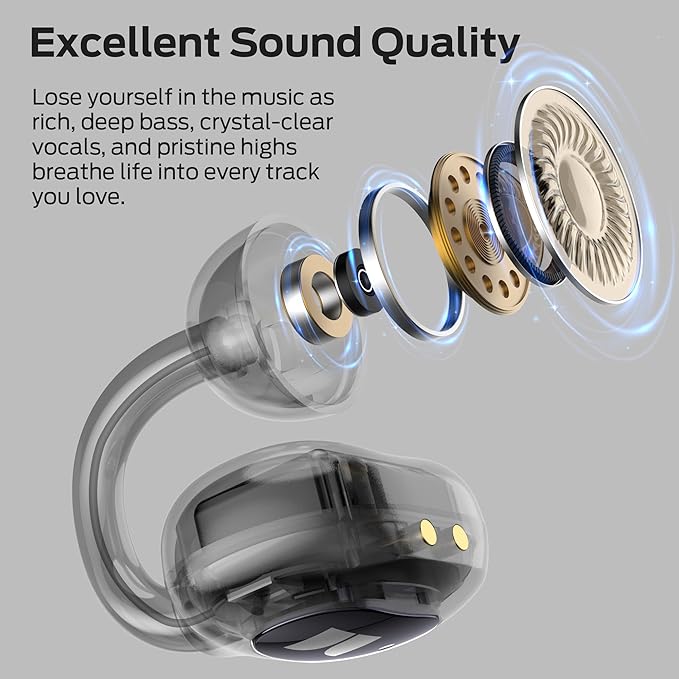 Monster Open Ear AC339 Earbuds, Bluetooth 6.0 Earphones Stereo Sound, Open Ear Clip Wireless Earbuds 40 Hours Playback, with Smart Digital Display Design, Touch Control, IPX6 Waterproof