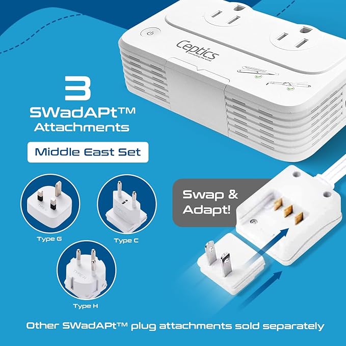 Ceptics Egypt, Dubai, Jordan Voltage Converter, Convert 220V to 110V for Devices Like Curling Iron Straightener Chargers 4 USB PD 18W Fast Charging Type H, C, G