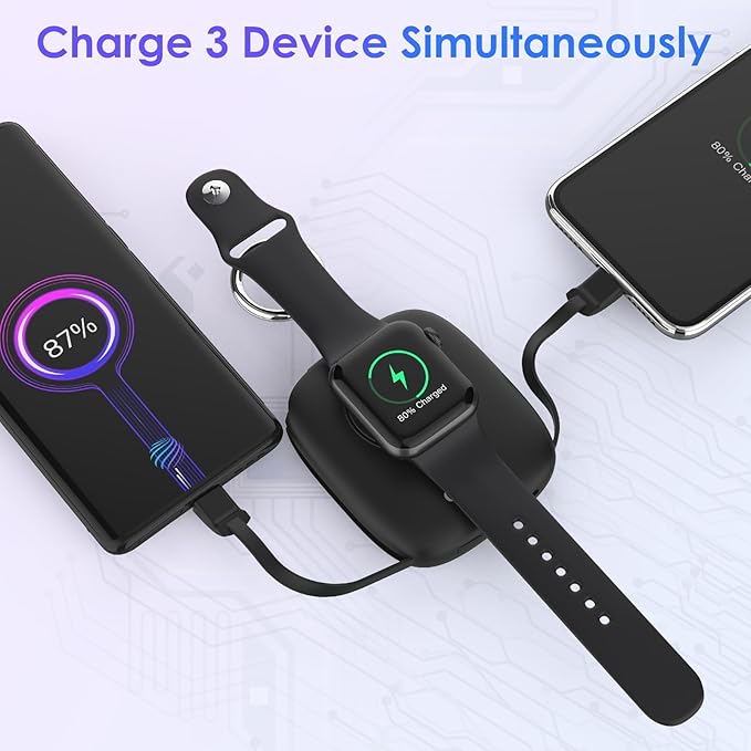 Small Portable Charger 5000mAh,iWatch Wireless Charger Mini Power Bank with Built-in Cable,Travel Keychain Charger for Apple Watch 10/9/Ultra2/8/Ultra/7/6/Se/5/4,iPhone 17/16/15/14/13/12,Android Phone