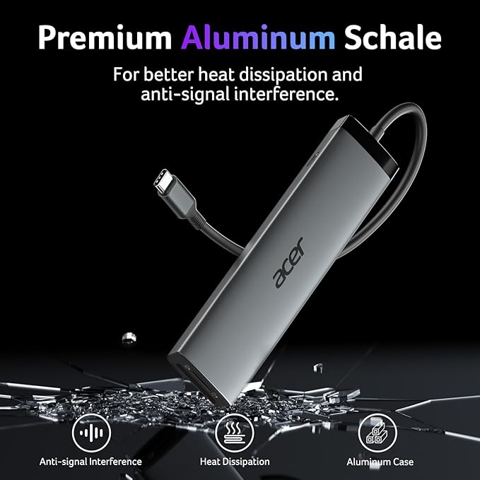 Acer 8 in 1 USB C Hub 10Gbps, USBC to HDMI Adapter 4K@60Hz, 2×USB-C 3.2, 2×USB A 3.0 Data Transfer, 100W PD Port Type C Multiport Splitter with SD/TF Card Reader, for Laptop, PC, Desktop, iPad Pro