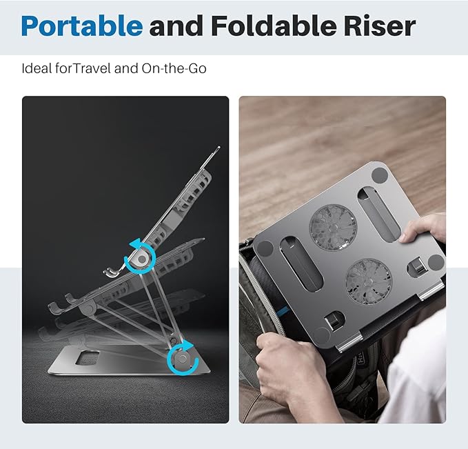 Adjustable Laptop Cooling Stand with 2 Quiet Fans & RGB Lighting, Aluminum Alloy & Foldable Ergonomic Design for MacBook, Lenovo, ASUS, Dell 10-16 Inch, Perfect for Gaming, DJ, Office - Gray