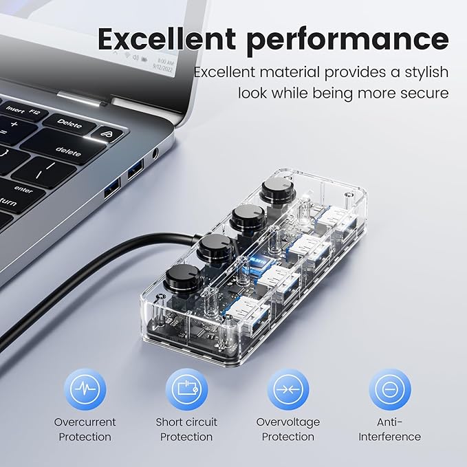 Qeefun 4-Port USB 3.2 Hub, Individual LED Power Switches, 10Gbps Data Transfer USB 3.2 Gen 2 Splitter with 4ft Extension Cable, Multiple USB Extender for Laptop, PC, iMac, USB Flash Drives and More