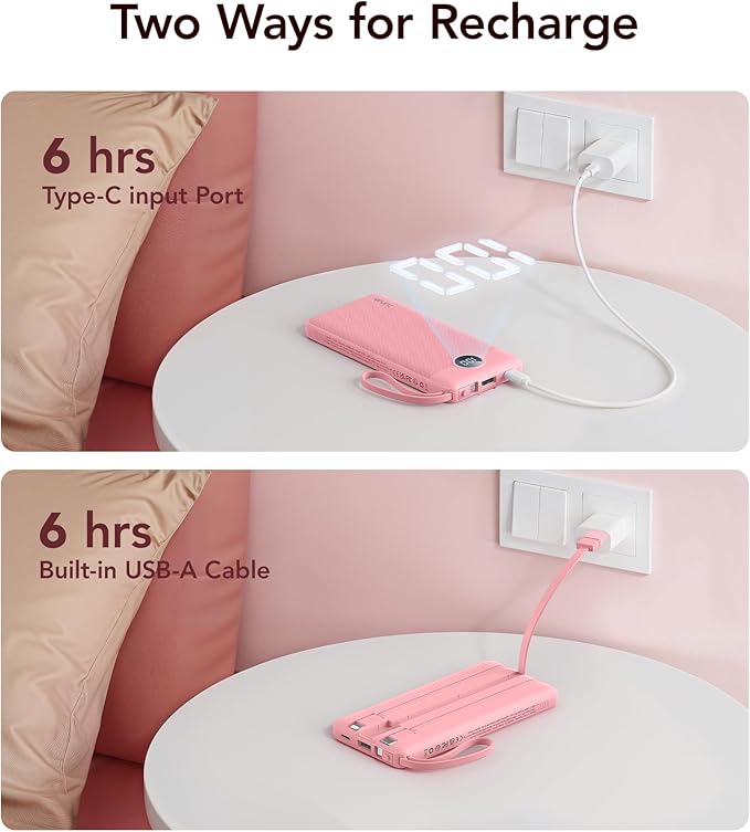 VRURC Portable Charger Power Bank, 10000mAh Travel Essentials Battery Pack, 5 Outputs 2 Inputs Slim Charging Bank Built-in Cables Cords Wires Compatible with iPhone,Samsung,Android-Barbie Pink(1 Pack)