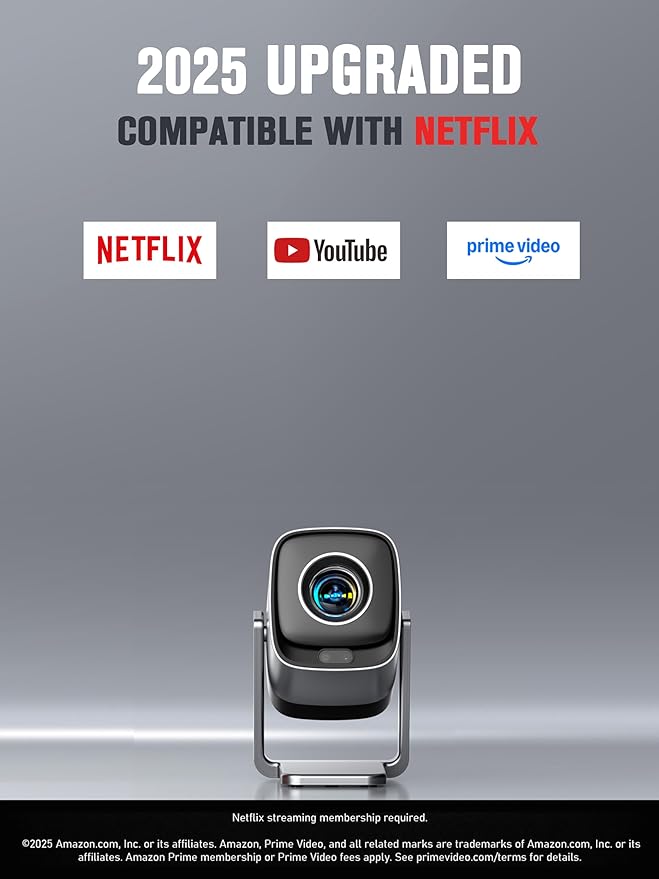 [Compatible with Netflix & TOF Real-time Focus] Mini Projector with WiFi and Bluetooth, XuanPad 1800 ANSI Smart Projector 4K Support, Dolby Audio & Keystone, 210° Rotatable Stand for Home