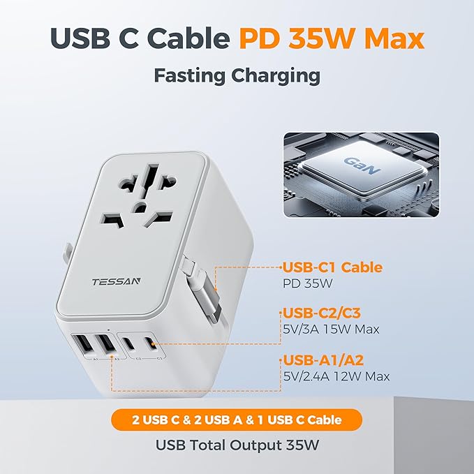 TESSAN Universal Travel Adapter PD 35W GaN, International Power Adapter Built in 1 Retractable USB C Cable, 6 in 1 Travel Adaptor Worldwide with 4 USB Ports for US to Europe UK AUS (Type C G A I)