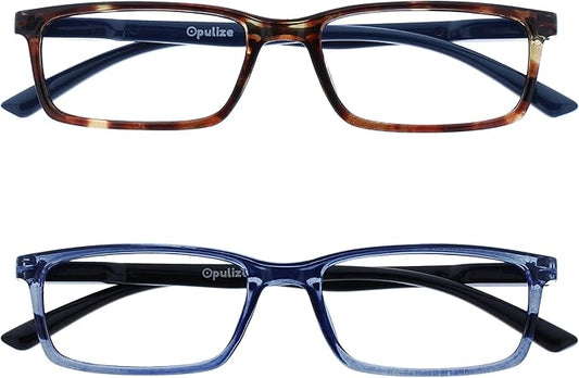 OPULIZE SEE Reading Glasses with Blue Light Blocking for Women and Men, Narrow Frame, Spring Hinges, Computer Gaming Glasses, Brown,Blue +3 (Pack of 2)