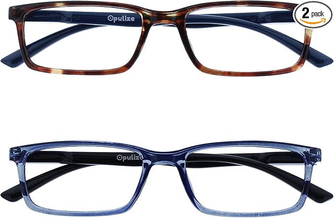 OPULIZE SEE Reading Glasses with Blue Light Blocking for Women and Men, Narrow Frame, Spring Hinges, Computer Gaming Glasses, Brown,Blue +2 (Pack of 2)