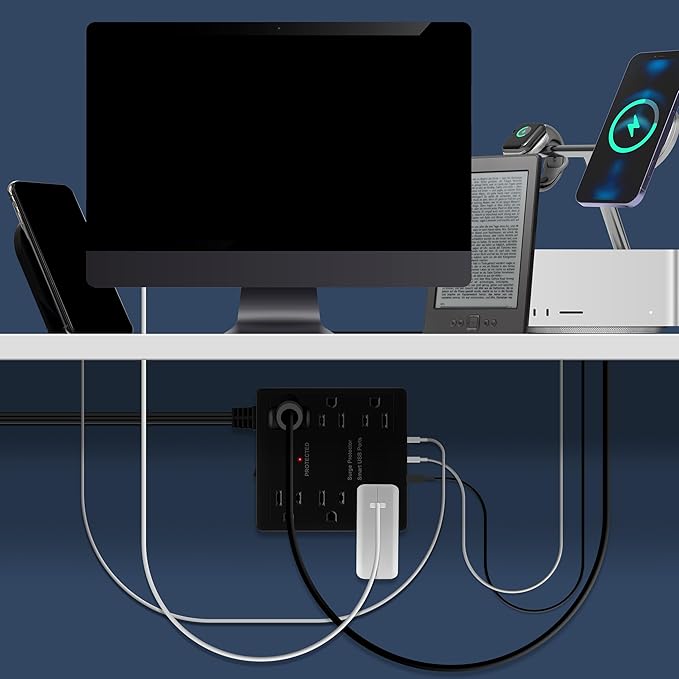 LIDER Outlet Extender with 6 Receptacles, USB-A and 2 USB-C, Ultra-Thin Flat-Plug with Cord Extender, 6-Outlet Power Strip, Slim Angled Design, Surge Protector, 1500 Joules, 5ft Cord, UL-Listed, Black