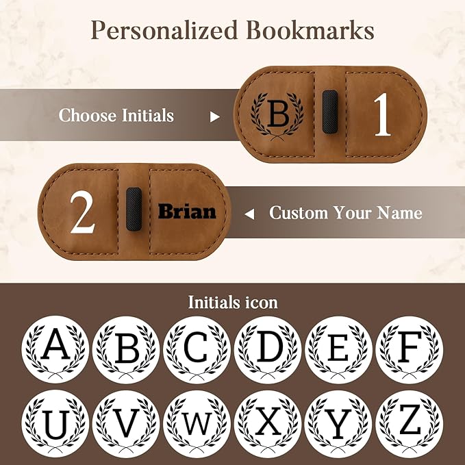 Personalized Bygone Mark Bookmark with Pen Holder,Engraving Leather Magnetic Bookmarks Vintage 26 Letters Name Initials Text Book Marker Clips Gifts for Reading Book Lovers Women (Brown, X)