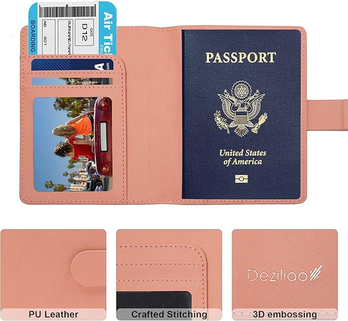 Deziliao Faux Leather Passport and Vaccine Card Holder, Pink, Waterproof, Rfid Blocking, Slim, Unisex