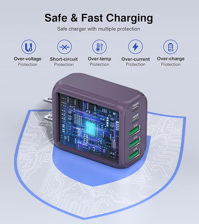 50W 2-Pack USB C Wall Charger Block, 5-Port C Charger Fast Charging Block PD Power Adapter +QC 3.0 Multiport Type C Box Brick Cube USB A Wall Plug for iPhone 14/15/16/17 Pro Max,Samsung Galaxy(Purple)