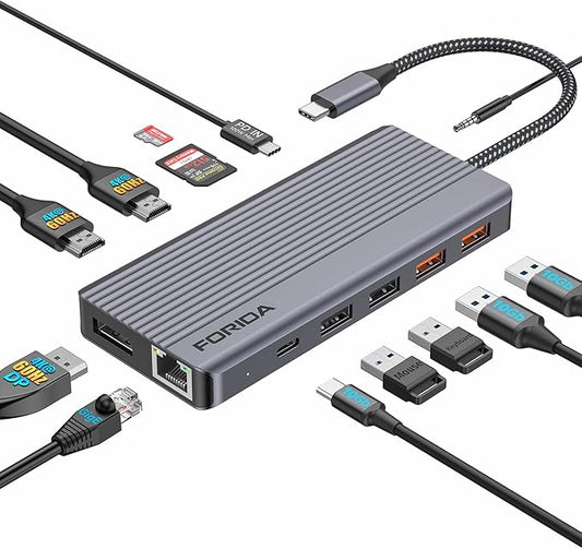 Docking Station Triple Monitors, 13 in 1 USB C Dock with Dual 4k@60HZ HDMI, DisplayPort,100W PD, 3 USB 3.2 Ports, Ethernet, SD TF Card Reader, Audio, USB C Data Port for MacBook/Dell/HP/Lenovo Laptop