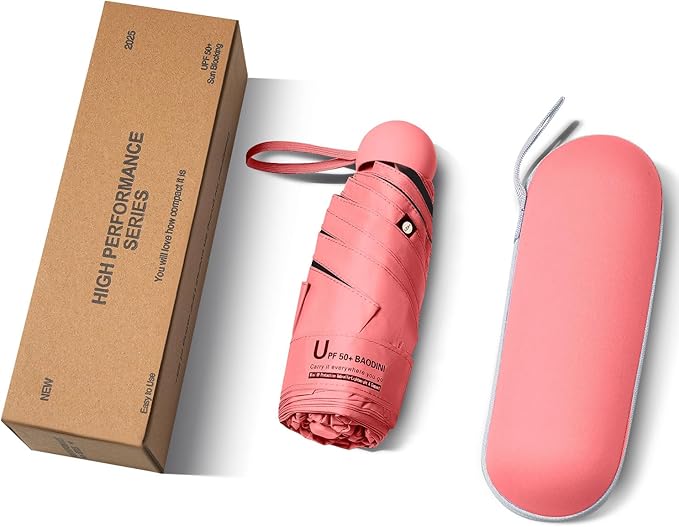 BAODINI Travel Essentials Mini Umbrella for Purse With Case Small Compact UV Sun Protection Lightweight Tiny Pocket Manual Open Close Umbrella for Women Kids and Men Fit Purse Backpack