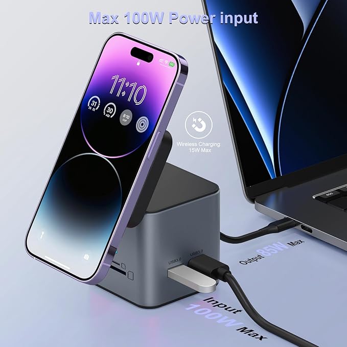 USB C Laptop Docking Station with MagSafe Charger Stand, 9 in 1 USB C Hub Multiport Adapter with 4K HDMI, 1Gbps Ethernet, 3 USB 3.0, SD/TF, Compatible with MacBook/Dell/HP/Lenovo/iPhone (Dark Gray)