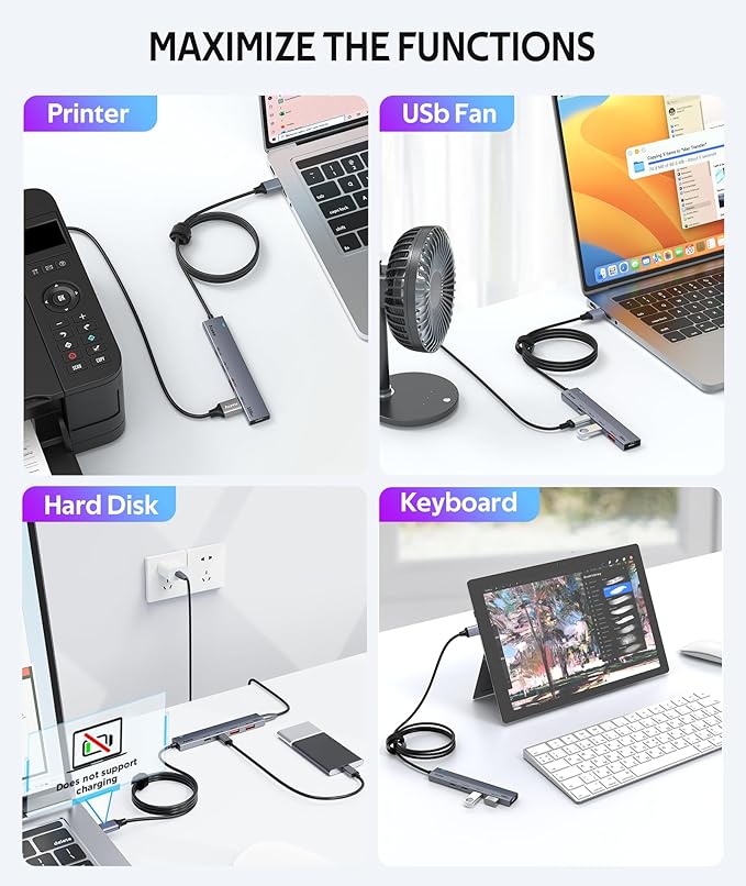 Aceele USB 3.2 Gen 2 Hub with 2 USB-A & 2 USB-C Ports, 10Gbps USB Splitter with 4ft Long Cable, USB Data Extented with 5V3A Type-C Power Port, Compatible for Laptop, iMac Laptop and More