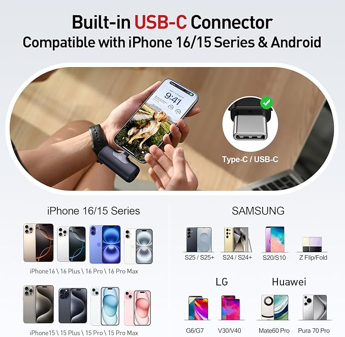 iWALK Portable Charger 5500mAh Next-Gen Small Power Bank 22.5W Fast Charging Battery USB-C Portable Phone Charger for iPhone 17/16/15 17 Plus 17 Pro Max iPad, Samsung Galaxy S25 S24 S23 Android, Black