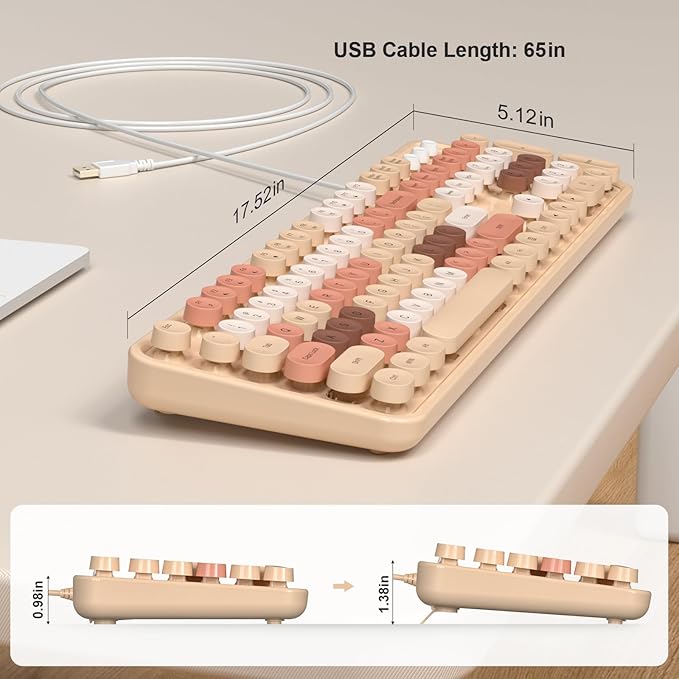 Colorful Computer Keyboards Wired, USB Plug and Play Full Size Typewriter Keyboard, Cute Aesthetic Keyboard with Foldable Stands for Windows PC Laptop (Milk Tea)