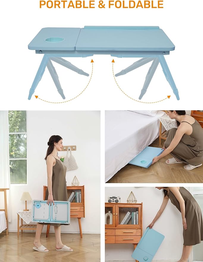 Lap Desk for Couch/Sofa/Floor, 5-Angle Adjustable Bed Desk with Foldable Legs &Cup Holder, Light Weight Bed Tray Table for Writing/Eating/Reading, Portable Laptop Stand for Adults, Kids