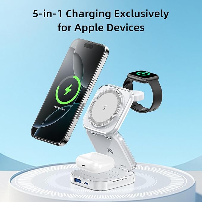 5-in-1 Wireless Charger for MagSafe, AC ISLAND Portable Travel Charging Station, 15W Max Fast Foldable Magnetic Stand, Evolved for iPhone 17/16/15/14/13 Series, Apple Watch, AirPods (with 35W Adapter)