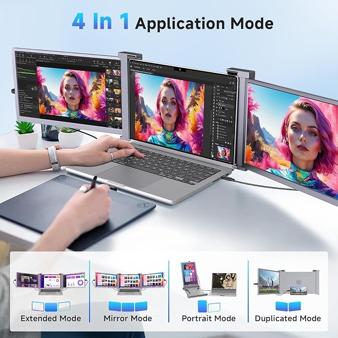 12" Laptop Screen Extender, 1080P FHD IPS Triple Portable Monitor for Laptop, Fit 13.3”-16.1”Laptops, Plug & Play Monitor Extender with USB-C/HDMI Port for Mac/Windows/Chrome/Android,Gray