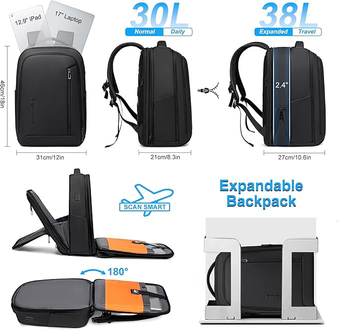 Business Travel Backpack for Men, Expandable Water Resistant 17 Inch Laptop Backpack with USB Port, Black Computer Backpack for College/Work