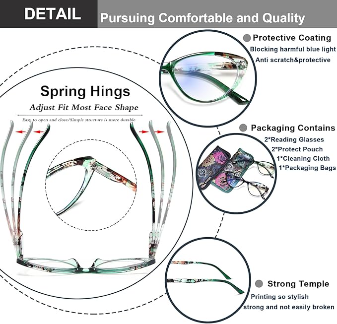 EYEURL Cat Eye Reading Glasses for Women, 2 Pack Blue Light Blocking Readers for Ladies Spring Hinge Fashion Pattern +3.50 Magnification Anti Eyestrain UV Protection